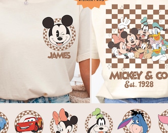 Disney All Characters Retro Checkered Custom Shirt, Vintage Disney Matching Tee, Disney Family Trip Sweatshirt, Mickey & Co. Custom Name Tee