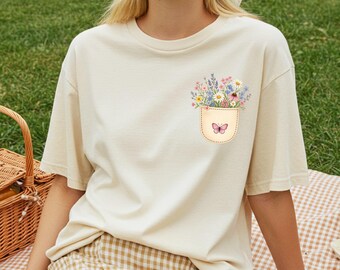 Wildflower Pocket Shirt, Flower Tee, Spring Flowers T-Shirt, Floral Bloom Sweater, Gift For Her, Cute Flower Lover Sweater