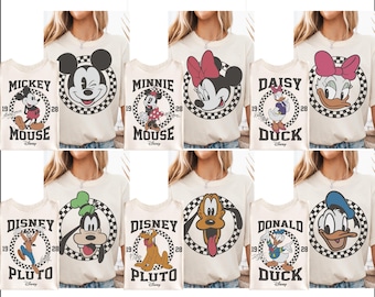 Magliette coordinate retrò di Topolino e i suoi amici, felpa vintage Disney Trip, maglietta Mickey & Co 1928, camicia a quadri Disney, Disney Family Trip