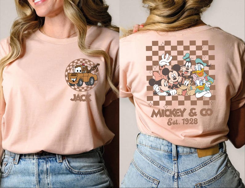 Disney All Characters Retro Checkered Custom Shirt, Vintage Disney Matching Tee, Disney Family Trip Sweatshirt, Mickey & Co. Custom Name Tee
