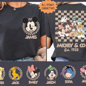 The image is a collage of two photos featuring a person wearing a t-shirt with Disney character logos and text.