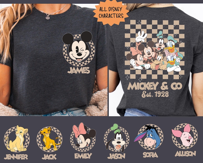 The image is a collage of two photos featuring a person wearing a t-shirt with Disney character logos and text.