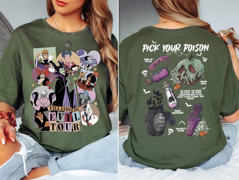 a woman wearing a green shirt with pictures of cartoon characters on it