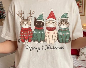 Miau-Weihnachtspullover, Katzen-Weihnachtsshirt, Weihnachtsmannmütze mit Katzenmotiv