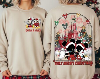 Personalisiertes T-Shirt für Mäusepaare, Weihnachts-T-Shirt mit Namen, Zauberschloss-Sweatshirt