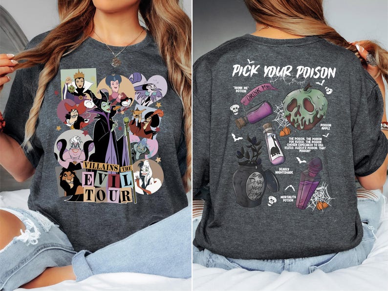 a woman sitting on a bed wearing a disney shirt