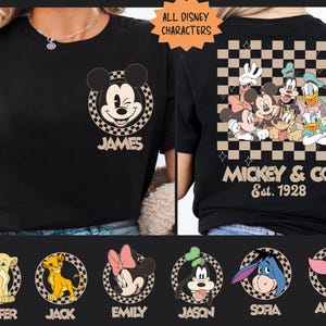 The image is a collage of two photos featuring a person wearing a black t-shirt with Disney character logos and text. The person is wearing a necklace and has a name tag that reads "JAMES". The back of the t-shirt displays the Disney characters Mickey and Co, along with the text "MICKEY & CO Est. 1928". Below the Disney character logos, there are six smaller images of Disney characters, each with a name tag below it.