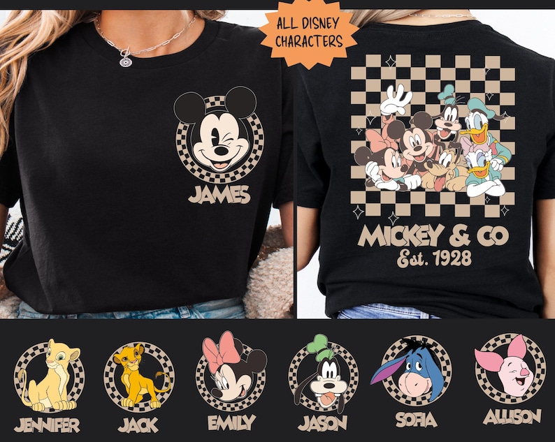 The image is a collage of two photos featuring a person wearing a black t-shirt with Disney character logos and text. The person is wearing a necklace and has a name tag that reads "JAMES". The back of the t-shirt displays the Disney characters Mickey and Co, along with the text "MICKEY & CO Est. 1928". Below the Disney character logos, there are six smaller images of Disney characters, each with a name tag below it.
