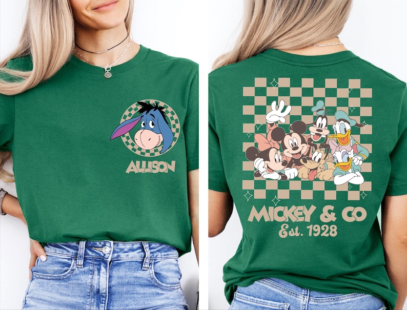 Disney All Characters Retro Checkered Custom Shirt, Vintage Disney Matching Tee, Disney Family Trip Sweatshirt, Mickey & Co. Custom Name Tee