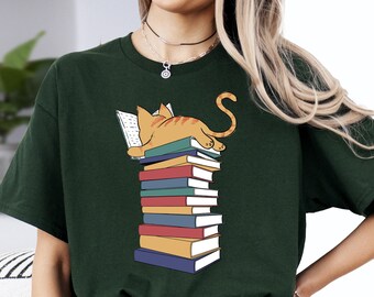 Bücher- und Katzen-Shirt, Sweatshirt mit lesender Katze, Katzenliebhaber-T-Shirt, Bücherfreund-T-Shirt, Pullover für Bücherwürmer, Shirt für Katzenmama, Niedliches Katzen-Buch-T-Shirt