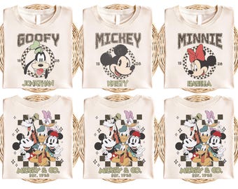 Koszulki retro z Myszką Miki i Minnie, Koszulka retro z Myszką Miki i Przyjaciele, Koszulka retro z Disney Trip, Koszulka w kratkę z Myszką Miki, Koszulka Disney Family Vacation