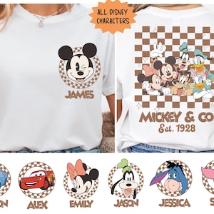 Disney All Characters Retro Checkered Custom Shirt, Vintage Disney Matching Tee, Disney Family Trip Sweatshirt, Mickey & Co. Custom Name Tee