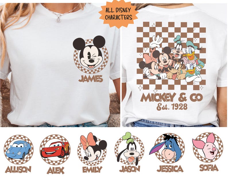 Disney All Characters Retro Checkered Custom Shirt, Vintage Disney Matching Tee, Disney Family Trip Sweatshirt, Mickey & Co. Custom Name Tee