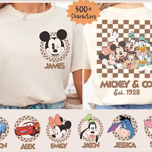 Disney All Characters Retro Checkered Custom Shirt, Vintage Disney Matching Tee, Disney Family Trip Sweatshirt, Mickey & Co. Custom Name Tee
