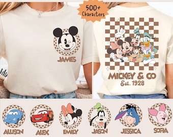 Disney All Characters Retro Checkered Custom Shirt, Vintage Disney Matching Tee, Disney Family Trip Sweatshirt, Mickey & Co. Custom Name Tee