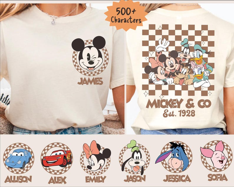 Disney All Characters Retro Checkered Custom Shirt, Vintage Disney Matching Tee, Disney Family Trip Sweatshirt, Mickey & Co. Custom Name Tee