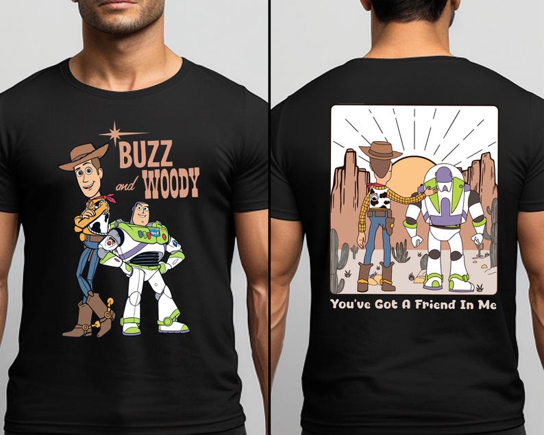 a man wearing a buzz and woody t - shirt