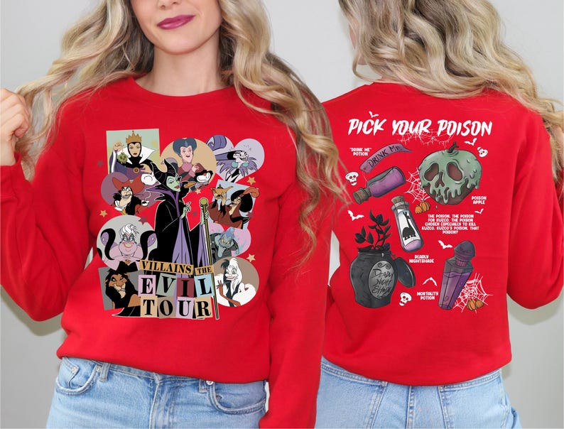 a woman wearing a red shirt with pictures on it