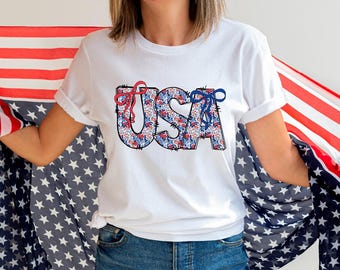 USA-Schleifen-Shirt, T-Shirt mit amerikanischer Flagge (rot, weiß, blau), Blumen-T-Shirt mit USA-Motiv, Coquette America-Schleifen-Sweatshirt, Shirt zum 4. Juli, Patriotisches T-Shirt