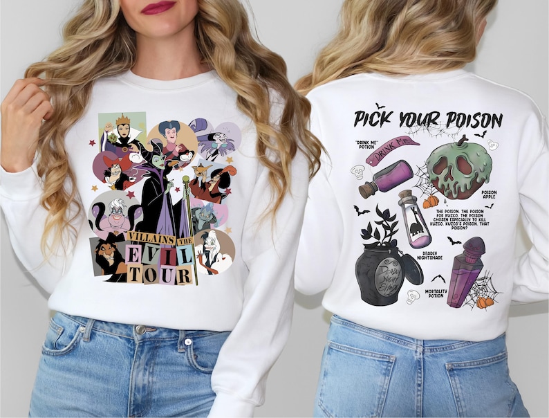 a woman wearing a white shirt with cartoon characters on it