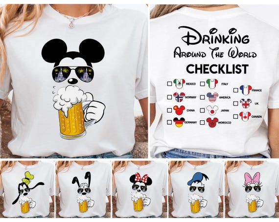 Drinking Around The World Checklist Disney Beer Shirt, Mickey and Friends Wine Drinking Sweatshirt, Disney World Drinking Team T-Shirt