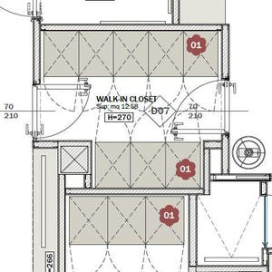 Könnte beinhalten: Architekturplan eines begehbaren Kleiderschranks mit Maßen und Beschriftungen. Der Entwurf umfasst eine Tür, Regale und ein kreisförmiges Element, mit dem Text "WALK-IN CLOSET" und Maßen in Zentimetern.
