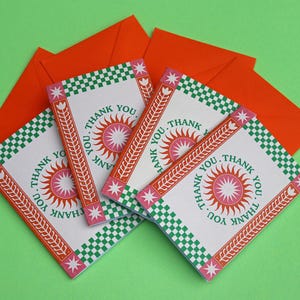 Bedankt A7-wenskaart | Set van 4 | Uniek bedankkaartje | Verjaardag | Jubileum | Liefdesbriefje | Vriendschap | Retro | Zonneschijn