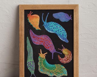 Psychedelic Slugs Art Print - A4 Vibrant Fun Wall Art