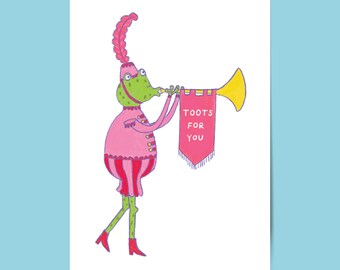 Funny Frog Art Print | Trumpet Playing Character, Colourful Kids Room Decor