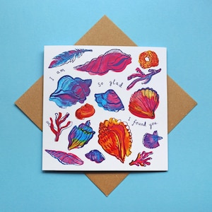 Tarjeta de felicitación cuadrada "Me alegro mucho de haberte encontrado" / Tarjeta de concha única / Cumpleaños / Aniversario / Nota de amor / Amistad / Búsqueda en la playa