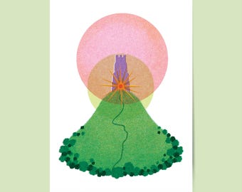 Psychedelic Glastonbury Tor Print | Summer Solstice Avalon Art | Retro Festival Poster