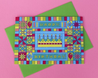 Cottagecore Quilt Happy Birthday Card | Quilted Cake Recycled A6 Card
