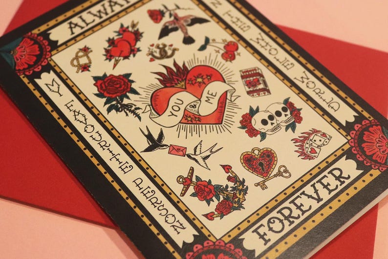Retro Tattoo Flash Greeting Card: Always & Forever Love Note, Valentine Card image 3