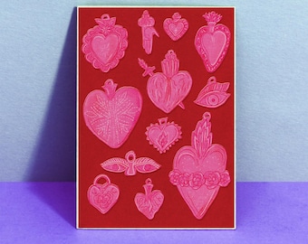Mexican Milagros Sacred Heart Art Print – Vibrant Red or Blue (A4/A3)