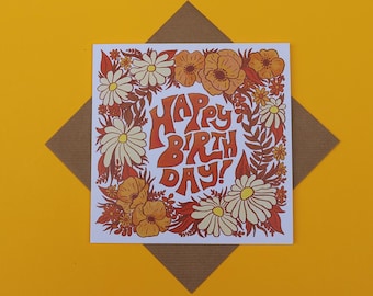 70s Floral Birthday Card: Retro Greeting Card