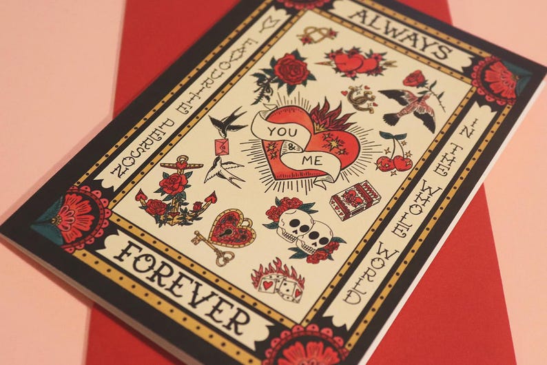 Retro Tattoo Flash Greeting Card: Always & Forever Love Note, Valentine Card image 4
