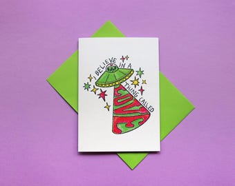 Divertida tarjeta de amor con OVNI extraterrestre/tarjeta de San Valentín, aniversario, nota de compromiso