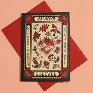Retro Tattoo Flash Greeting Card: Always & Forever Love Note, Valentine Card