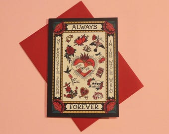 Biglietto d'auguri con tatuaggio retrò: biglietto d'amore per sempre, biglietto di San Valentino