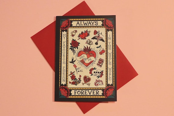 Retro Tattoo Flash Greeting Card: Always & Forever Love Note, Valentine Card