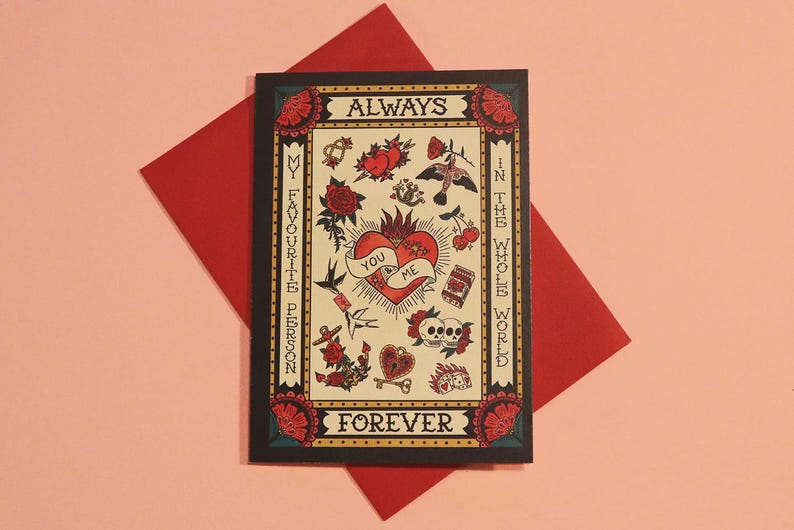 Retro Tattoo Flash Greeting Card: Always & Forever Love Note, Valentine Card image 1
