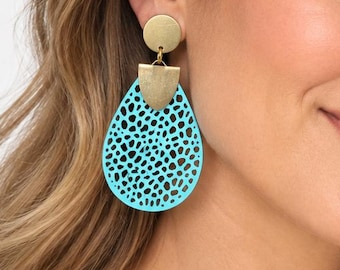 Faux Leather Teardrop Earrings | Raw Brass Cutout Dangle | Lightweight Statement Jewelry