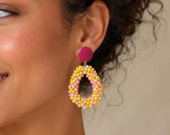 Colorful Beaded Teardrop Earrings – Bold Dangle Earrings – Lightweight Clip On or Pierced
