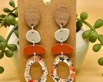 Geometric Boho Acrylic and Wooden Accent Drop Earrings | Lightweight Dangle Earrings | Clip-On & Pierced Options