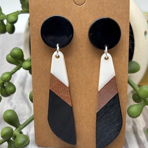 Modern Wood & Acrylic Earrings – Neutral Statement Dangles | Lightweight Geometric Jewelry | Clip-On or Pierced