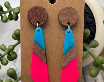 Long Wooden Earrings with Colorful Dangle Drop Design | Half Wood and Resin Varieties | Clip-On & Pierced Options