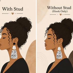 May include: An illustration showing two earring styles on a profile view of a person. The left side is labeled With Stud, featuring a black stud and a white floral pendant. The right side is labeled Without Stud (Hook Only), showing the same pendant.