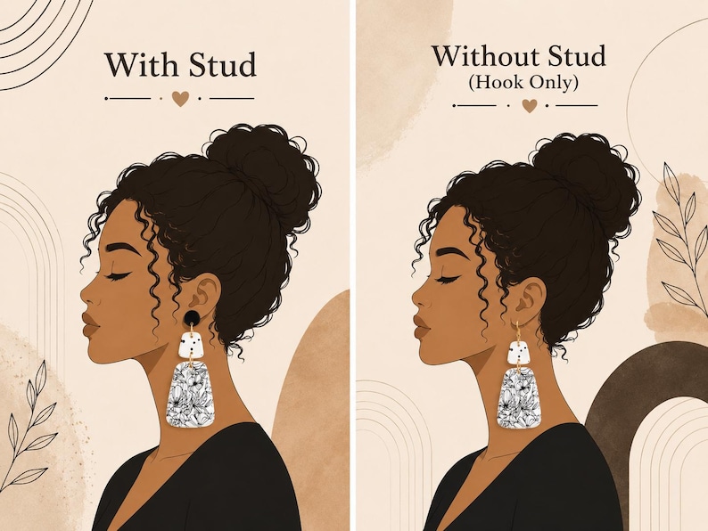May include: An illustration showing two earring styles on a profile view of a person. The left side is labeled With Stud, featuring a black stud and a white floral pendant. The right side is labeled Without Stud (Hook Only), showing the same pendant.