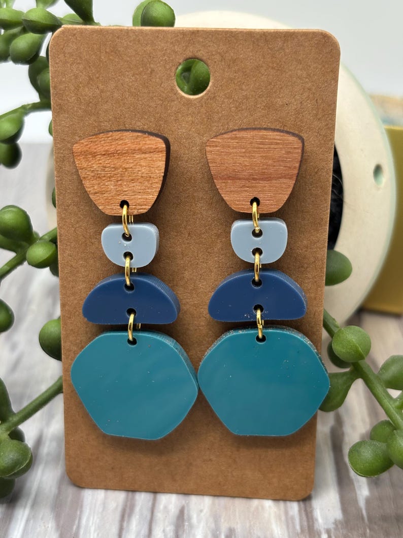 Brincos geométricos em acrílico para mulheres – Joias boho com design diferenciado para brincos de pressão ou piercing. Square Blue Teal