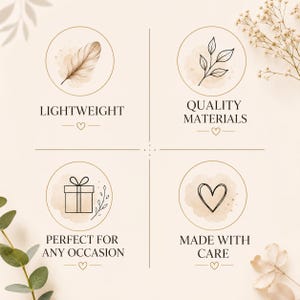 May include: A four-quadrant graphic on a beige background featuring circular icons with line art illustrations of a feather, a leafy branch, a gift box, and a heart. Text labels include LIGHTWEIGHT, QUALITY MATERIALS, PERFECT FOR ANY OCCASION, and MADE WITH CARE.